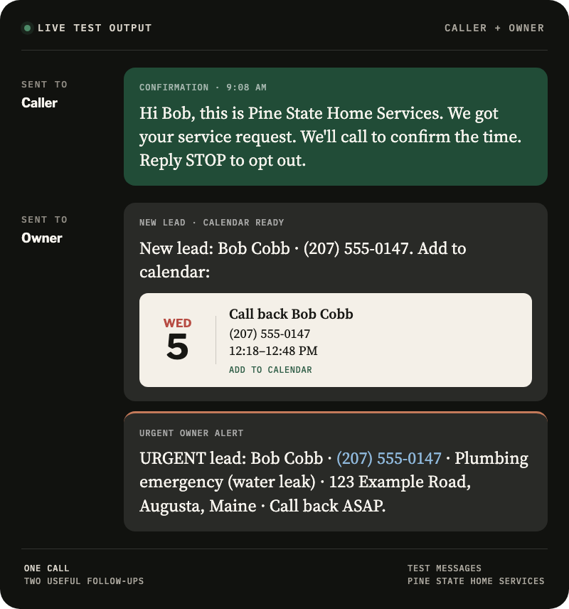 Mock text thread showing a caller confirmation, owner lead alert, and calendar reminder